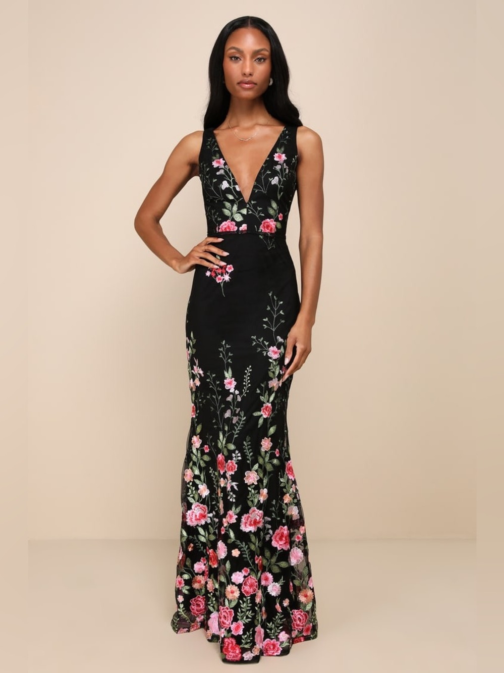 Lulus Soiree Blossom Black Floral Embroidered Mermaid Maxi Dress Size Small